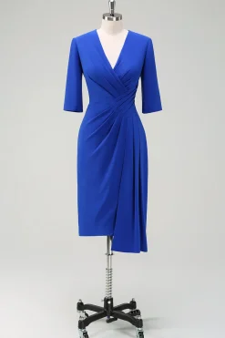 Royal Blue V-Neck plissado bodycon cocktail vestido de festa