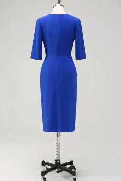Royal Blue V-Neck plissado bodycon cocktail vestido de festa