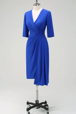 Royal Blue V-Neck plissado bodycon cocktail vestido de festa