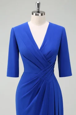 Royal Blue V-Neck plissado bodycon cocktail vestido de festa