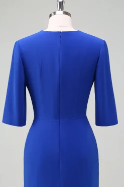 Royal Blue V-Neck plissado bodycon cocktail vestido de festa