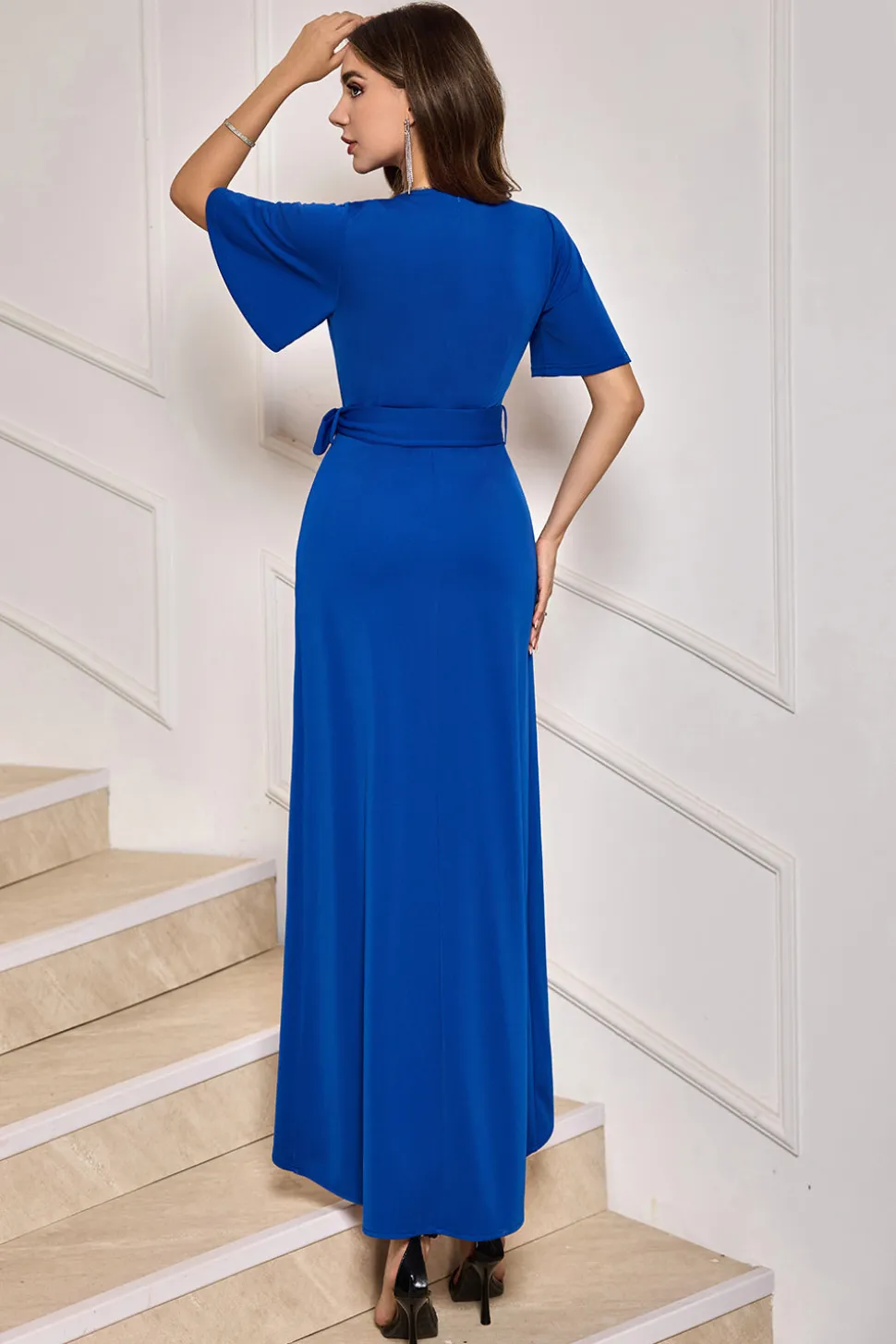 Royal Blue V-Neck vestido formal longo com mangas curtas