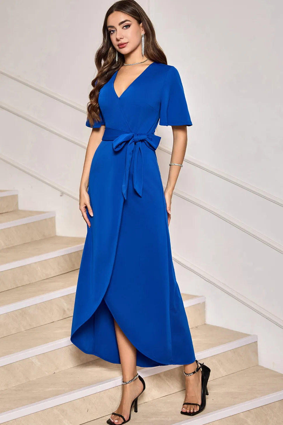 Royal Blue V-Neck vestido formal longo com mangas curtas