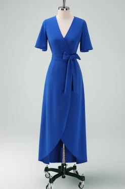 Royal Blue V-Neck Vestido Longo Mãe da Noiva com Mangas Curtas