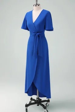Royal Blue V-Neck Vestido Longo Mãe da Noiva com Mangas Curtas