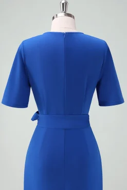 Royal Blue V-Neck Vestido Longo Mãe da Noiva com Mangas Curtas