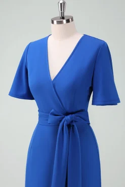 Royal Blue V-Neck Vestido Longo Mãe da Noiva com Mangas Curtas