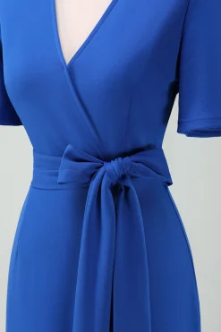 Royal Blue V-Neck Vestido Longo Mãe da Noiva com Mangas Curtas