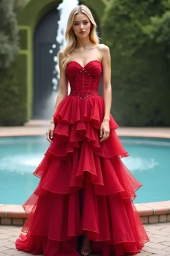Ruched Red Sweetheart Rufled Uma Linha Long Prom Dress