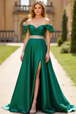 Ruched verde escuro frisado fora do ombro vestido de baile com fenda
