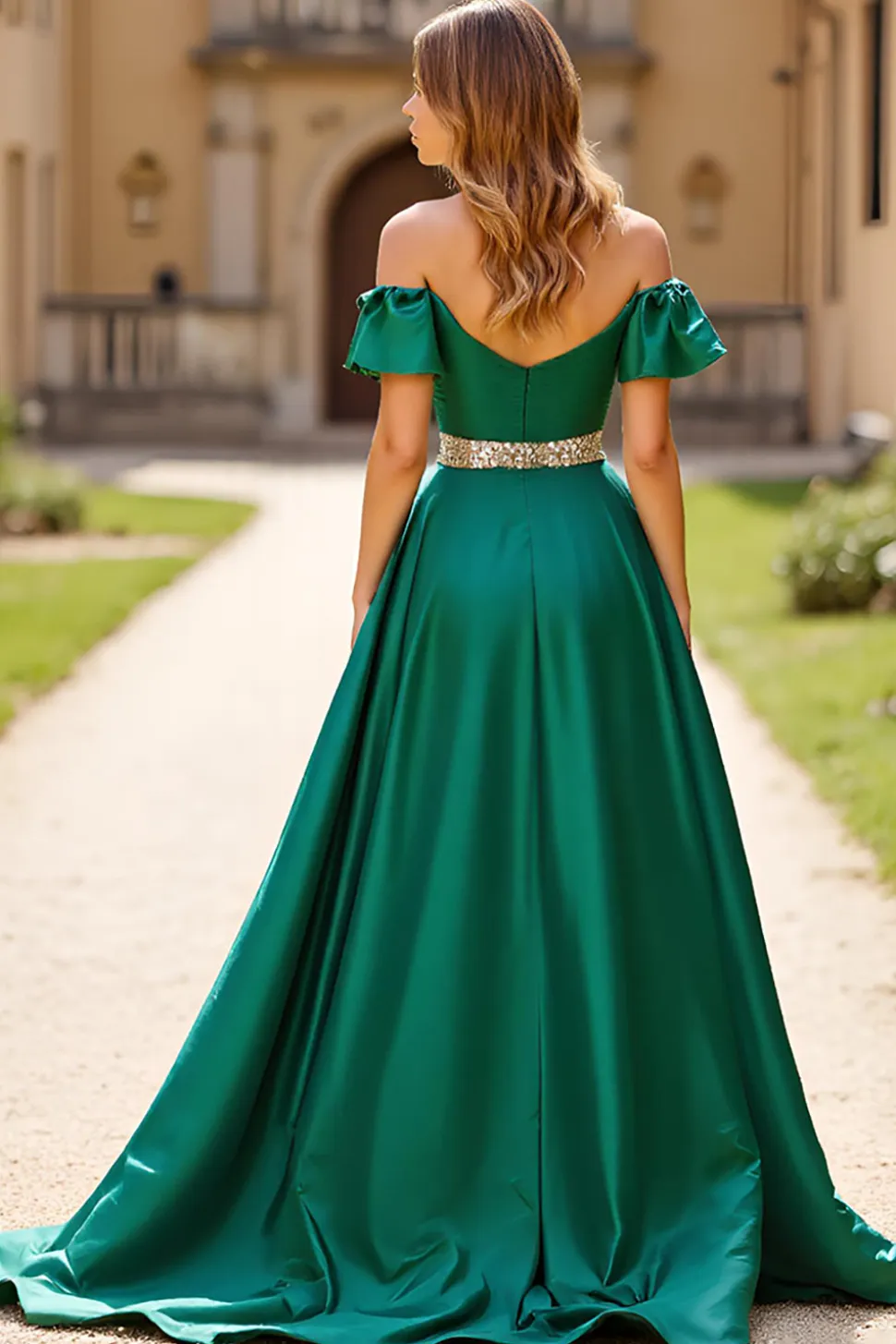 Ruched verde escuro frisado fora do ombro vestido de baile com fenda