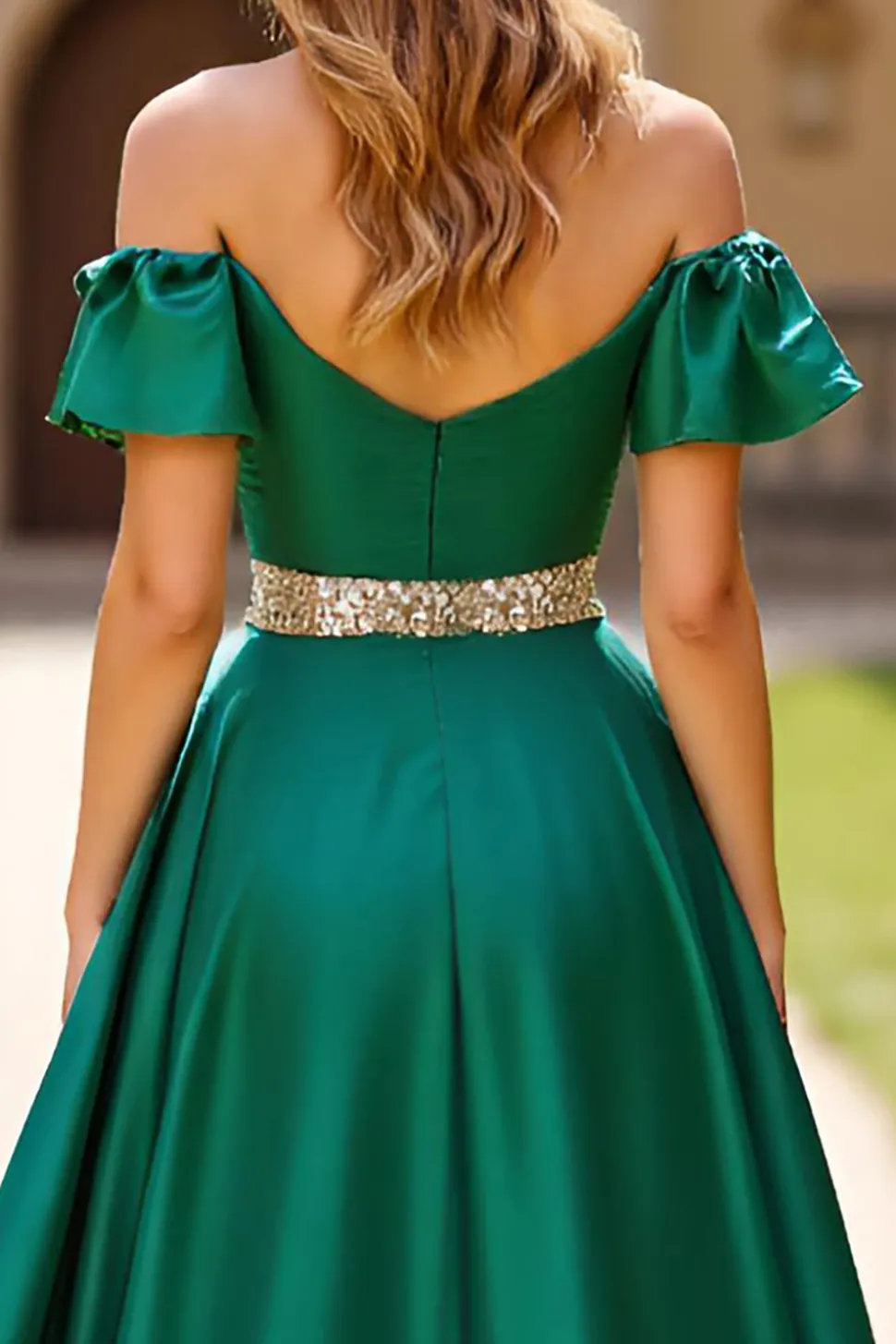 Ruched verde escuro frisado fora do ombro vestido de baile com fenda