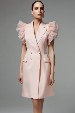 Ruffled Pink A Line Peak Lapel Vestido de Trabalho