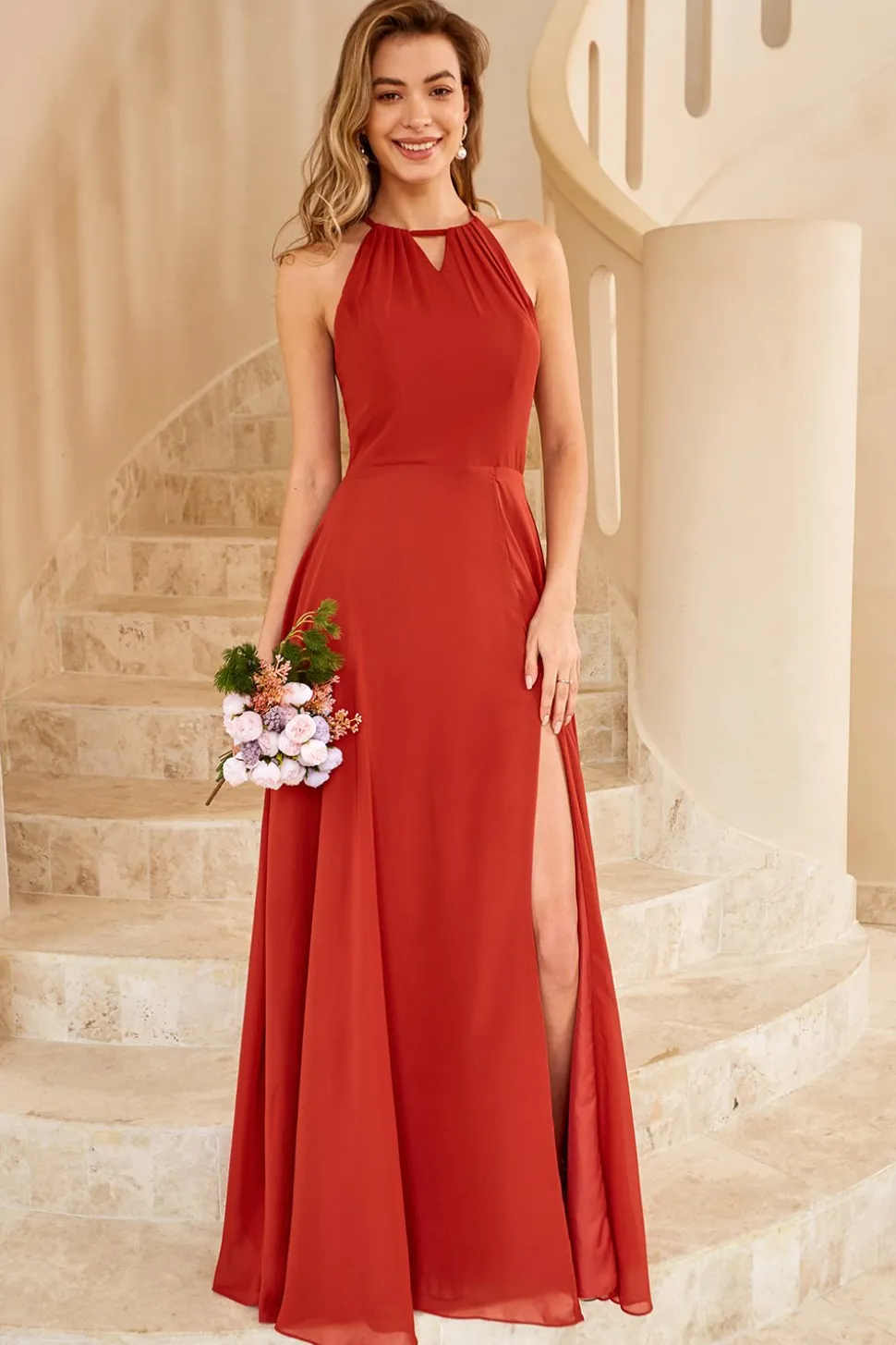 Rust Brown Open Back Bridesmaid Dress