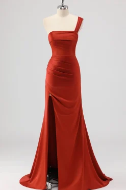 Rust Sereia Um Ombro Cetim Long Vestido de Dama de Honra com Fenda