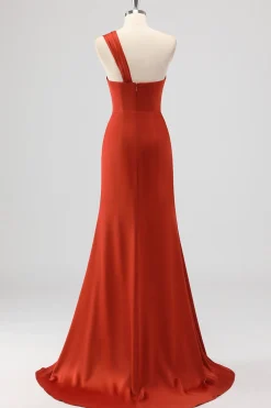 Rust Sereia Um Ombro Cetim Long Vestido de Dama de Honra com Fenda