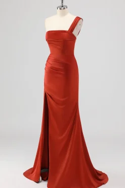 Rust Sereia Um Ombro Cetim Long Vestido de Dama de Honra com Fenda