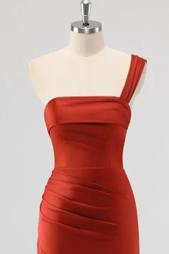Rust Sereia Um Ombro Cetim Long Vestido de Dama de Honra com Fenda