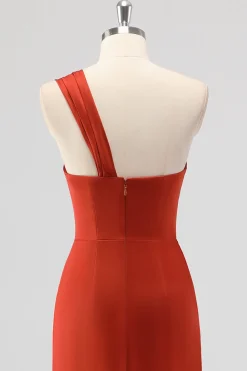 Rust Sereia Um Ombro Cetim Long Vestido de Dama de Honra com Fenda