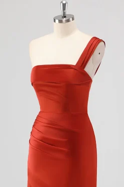 Rust Sereia Um Ombro Cetim Long Vestido de Dama de Honra com Fenda