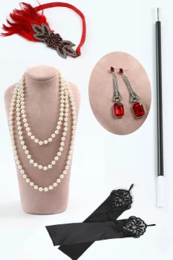 1920s Conjunto de Acessórios Vermelho 5 Peças