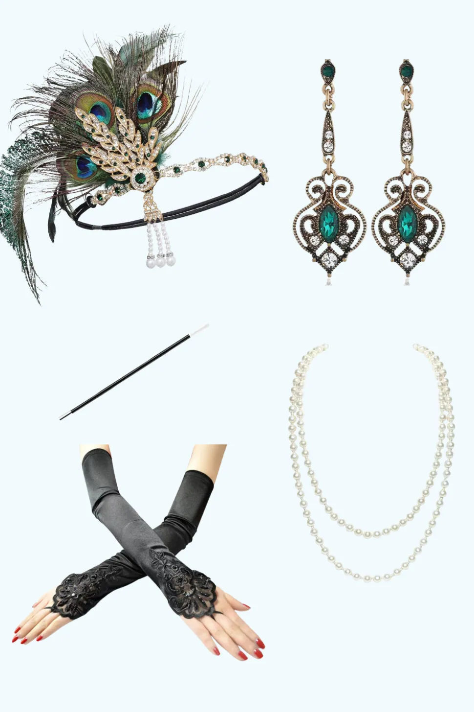 1920s Flapper Verde Cinco Peças Acessórios set