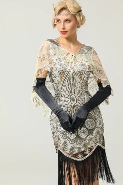 1920s Ivory Flower Sequin Women Cape