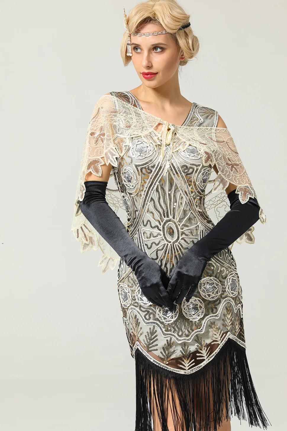 1920s Ivory Flower Sequin Women Cape
