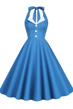 1950s Vestido Azul Halter A-Line
