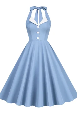 1950s Vestido Azul Halter A-Line