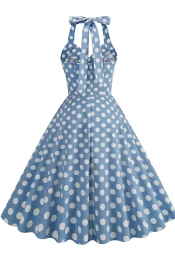 1950s Vestido Pontos de Polka Azul