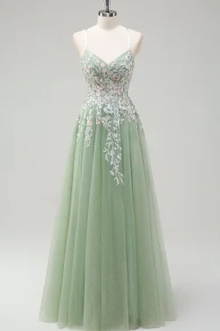 Sage A-Line Espaghetti Correias Tulle Long Prom Dress com Apliques