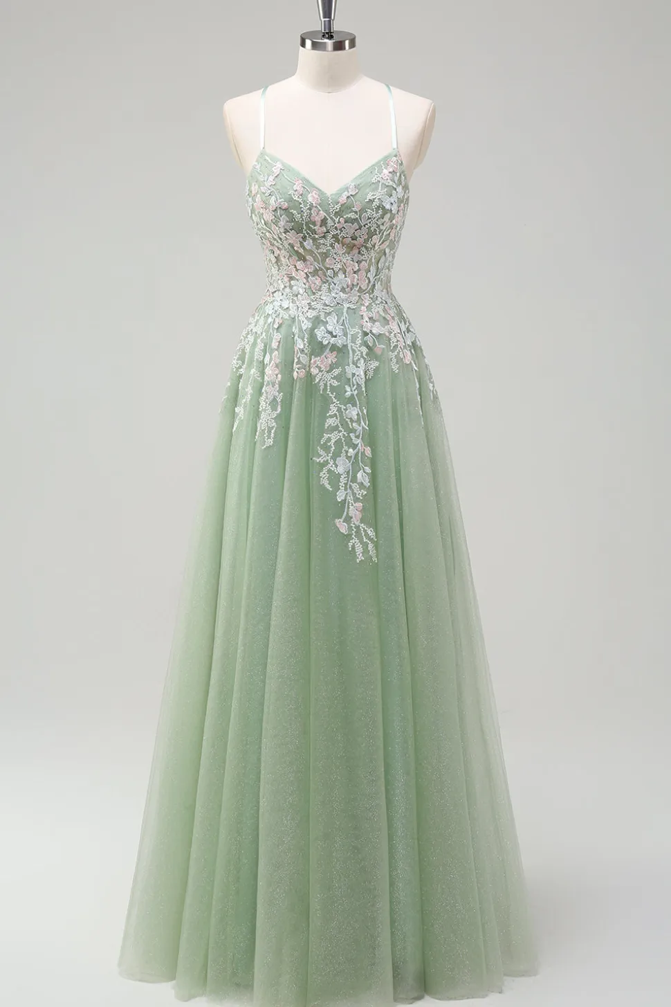 Sage A-Line Espaghetti Correias Tulle Long Prom Dress com Apliques