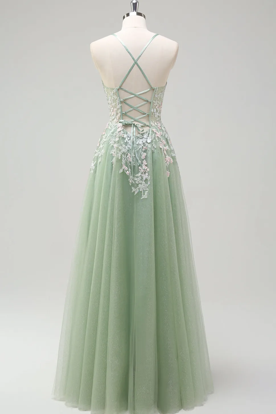 Sage A-Line Espaghetti Correias Tulle Long Prom Dress com Apliques