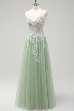Sage A-Line Espaghetti Correias Tulle Long Prom Dress com Apliques