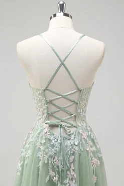 Sage A-Line Espaghetti Correias Tulle Long Prom Dress com Apliques
