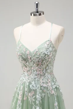 Sage A-Line Espaghetti Correias Tulle Long Prom Dress com Apliques