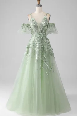 Sage A-Line mangas destacáveis longo espartilho vestido de baile com flores