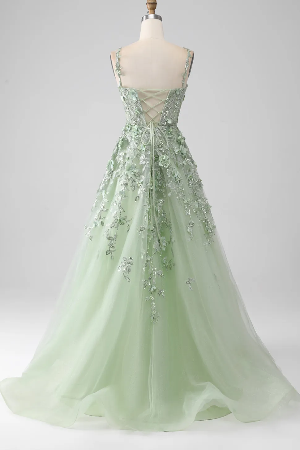 Sage A-Line mangas destacáveis longo espartilho vestido de baile com flores
