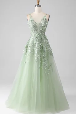 Sage A-Line mangas destacáveis longo espartilho vestido de baile com flores