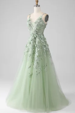Sage A-Line mangas destacáveis longo espartilho vestido de baile com flores