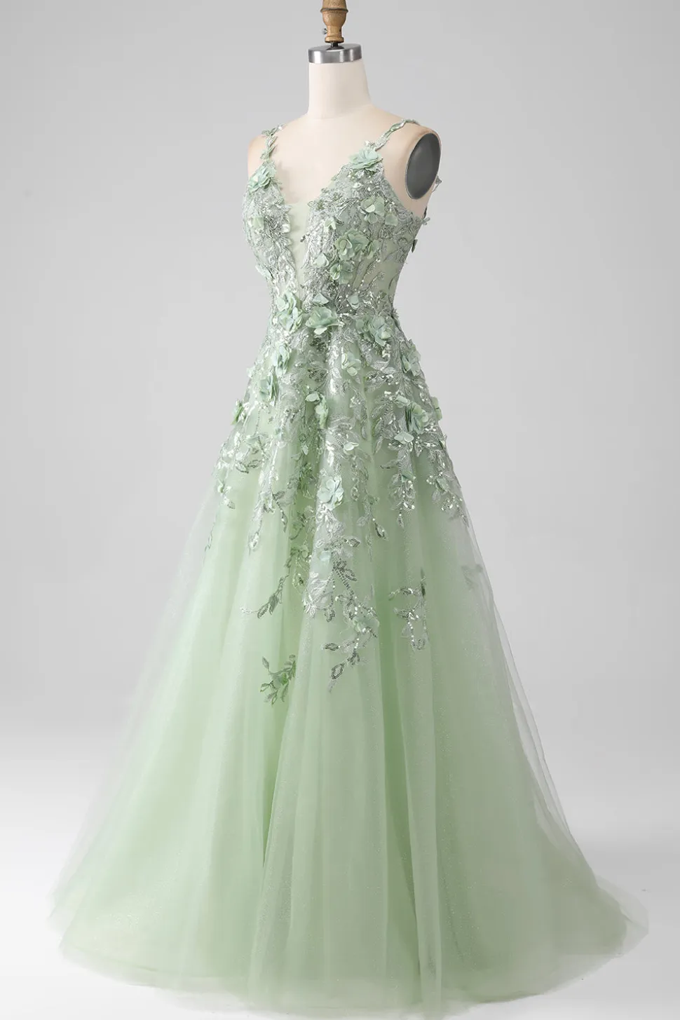 Sage A-Line mangas destacáveis longo espartilho vestido de baile com flores
