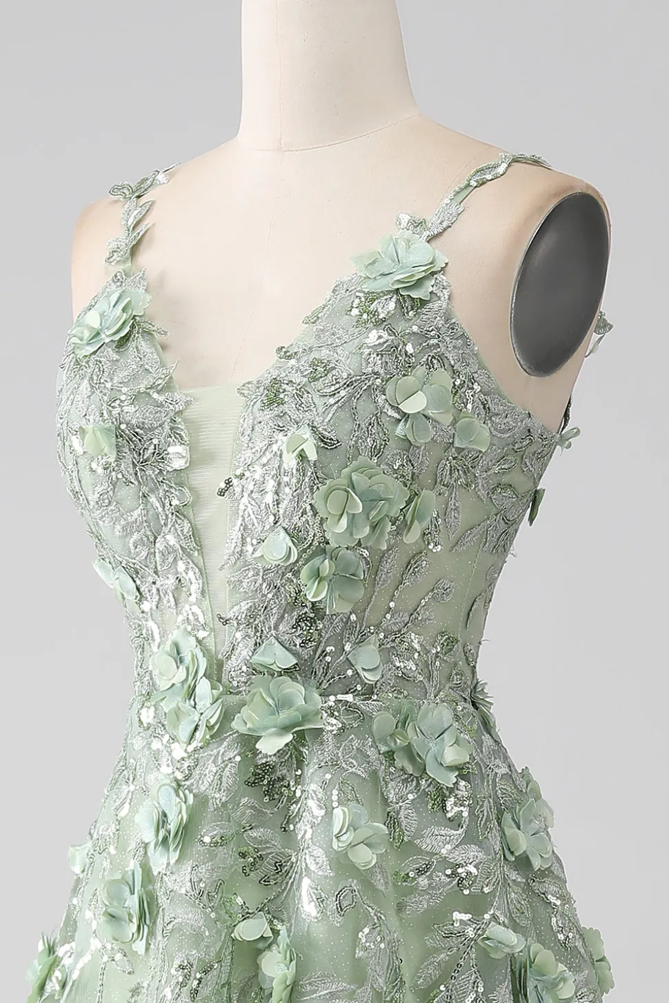 Sage A-Line mangas destacáveis longo espartilho vestido de baile com flores