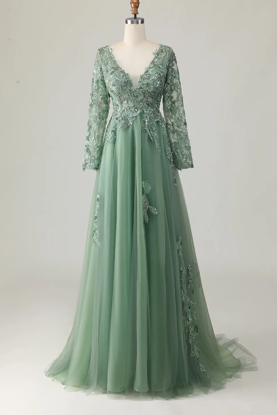 Sage Applique A-Line V-Neck Vestido de Baile