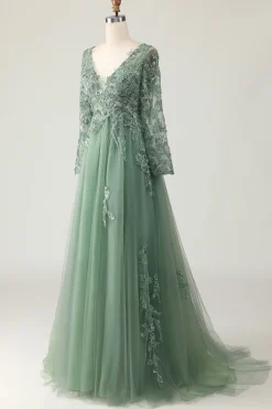 Sage Applique A-Line V-Neck Vestido de Baile