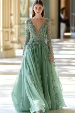 Sage Applique A-Line V-Neck Vestido de Baile