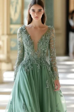 Sage Applique A-Line V-Neck Vestido de Baile