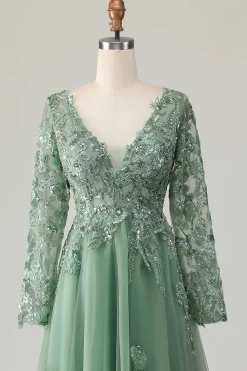 Sage Applique A-Line V-Neck Vestido de Baile