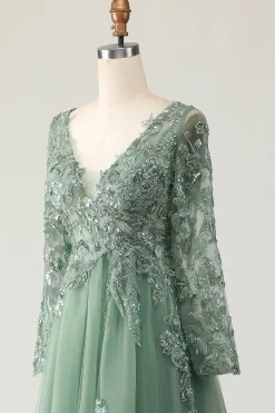Sage Applique A-Line V-Neck Vestido de Baile