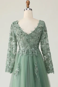 Sage Applique A-Line V-Neck Vestido de Baile